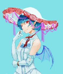 Rule 34 | 1girl, alternate costume, bangle, bare shoulders, bat wings, blue hair, bracelet, brooch, colored eyelashes, elbow gloves, flower, gloves, hat, hat flower, highres, jewelry, pink rose, pointy ears, red eyes, remilia scarlet, ribbon, ring, rose, short hair, sleeveless, smile, solo, touhou, ue toono (atano), wings