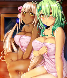 Rule 34 | 2girls, :o, antlers, arms between legs, bare shoulders, blonde hair, blunt bangs, blush, braid, braided bangs, branch, breast lift, breasts, breasts squeezed together, ceres fauna, cleavage, collarbone, covered erect nipples, covering breasts, covering privates, dark-skinned female, dark skin, flower, from side, green hair, hair between eyes, hair flower, hair ornament, hair over eyes, hitmann, holocouncil, hololive, hololive english, horns, indoors, large breasts, light brown hair, long bangs, long hair, looking at viewer, multiple girls, naked towel, planet hair ornament, reflection, sauna, sidelocks, sitting, towel, towel pull, tsukumo sana, twintails, v arms, very long hair, virtual youtuber, yellow eyes