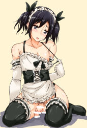 Rule 34 | 1boy, absurdres, areola slip, bar censor, black bow, black hair, black ribbon, black thighhighs, blush, bow, censored, chizuru (chizucoman), crossdressing, detached sleeves, grey eyes, hair bow, highres, kneeling, looking at viewer, maid, maid headdress, male focus, male pubic hair, no bra, no panties, open mouth, original, penis, pubic hair, ribbon, simple background, solo, strap pull, testicles, thighhighs, trap