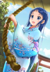 Rule 34 | 10s, 1girl, :d, alternate costume, blue eyes, blue hair, cowboy shot, day, floral print, hatsumoude, highres, japanese clothes, kantai collection, kimono, long hair, long sleeves, matching hair/eyes, new year, obi, open mouth, outdoors, rope, samidare (kancolle), sash, shimenawa, shrine, shrine bell, smile, solo, torii, very long hair, watage (wata)