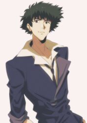 Rule 34 | 1boy, brown eyes, closed mouth, cowboy bebop, cowboy shot, formal, h ysk 0, highres, light smile, male focus, messy hair, necktie, shadow, shirt, simple background, solo, spike spiegel, spiked hair, white background, yellow shirt