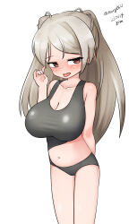 Rule 34 | 1girl, absurdres, arm behind back, black background, breasts, brown eyes, casual one-piece swimsuit, cleavage, collarbone, conte di cavour (kancolle), dated, feet out of frame, grey hair, grey one-piece swimsuit, highres, kantai collection, large breasts, long hair, maru (marg0613), navel, one-hour drawing challenge, one-piece swimsuit, simple background, solo, swimsuit, tongue, tongue out, twitter username, two side up