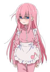 Rule 34 | 1girl, apron, blue eyes, blush, bocchi the rock!, closed mouth, frilled apron, frills, gotoh hitori, hair between eyes, highres, jacket, long hair, meito (maze), one side up, pants, pink hair, pink jacket, pink pants, shaded face, simple background, solo, sweat, track jacket, track pants, track suit, very long hair, wavy mouth, white apron, white background