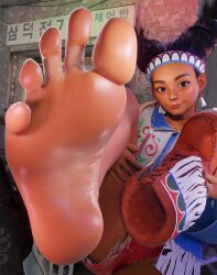 Rule 34 | absurdres, alley, bad tag, black hair, blender, brown eyes, capcom, city, earrings, feet, foot focus, headband, highres, holding, jewelry, lily hawk, looking at viewer, short shorts, shorts, smile, soles, street fighter, street fighter 6, sweat, sweaty feet, syclops, toes