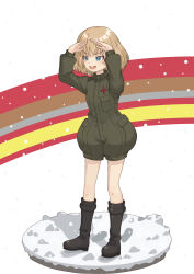 Rule 34 | 1girl, absurdres, black footwear, blonde hair, blue eyes, bob cut, boots, commentary, full body, girls und panzer, green jumpsuit, highres, jumpsuit, katyusha (girls und panzer), long sleeves, looking to the side, military uniform, open mouth, pravda military uniform, qgkmn541, shading eyes, short hair, short jumpsuit, smile, snowing, solo, standing, uniform