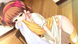Rule 34 | 1girl, brown eyes, brown hair, crotch rub, female masturbation, game cg, hairband, highres, lovesick puppies, masturbation, mouth hold, panties, pussy juice, pussy juice stain, sankuro (agoitei), shibasaki maruna, solo, striped clothes, striped thighhighs, table, table humping, thighhighs, underwear, wet, wet clothes, wet panties, white panties