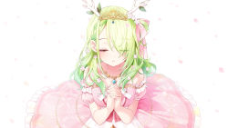 Rule 34 | 1girl, a20 (atsumaru), antlers, bare shoulders, blush, braid, braided bangs, ceres fauna, closed eyes, deer antlers, dress, eyes visible through hair, falling petals, flower, from above, gem, gown, green hair, hair flower, hair ornament, hair over shoulder, hair ribbon, highres, hololive, hololive english, horns, jewelry, long hair, necklace, official art, own hands clasped, own hands together, parted bangs, parted lips, pearl (gemstone), petals, puffy short sleeves, puffy sleeves, ribbon, short sleeves, side ponytail, sitting, solo, strapless, strapless dress, tiara, virtual youtuber