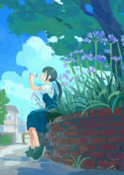 Rule 34 | 1girl, absurdres, black footwear, black hair, bottle, city, closed eyes, cloud, cloudy sky, commentary, day, drinking, flower, from side, grass, hand up, highres, katakai, long hair, original, outdoors, overalls, plant, ponytail, shoes, sitting, sky, sneakers, solo, tree, water bottle