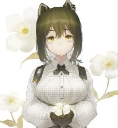 Rule 34 | 1girl, absurdres, animal ears, arknights, breasts, brown hair, buckle, buttons, closed mouth, collared shirt, dassyoku, earrings, expressionless, flower, freckles, highres, holding, holding flower, jewelry, large breasts, long sleeves, looking at viewer, polka dot, polka dot shirt, raccoon ears, raccoon girl, robin (arknights), shirt, short hair, sidelocks, slit pupils, solo, straight-on, strap, upper body, white background, white flower, white shirt, yellow eyes