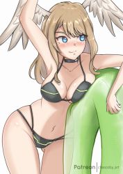 Rule 34 | 1girl, arm up, bikini, black bikini, black choker, blue eyes, breast tattoo, breasts, breasts squeezed together, chascoby, choker, cleavage, eunie (xenoblade), eyebrows hidden by hair, head wings, highres, innertube, large breasts, long hair, navel, solo, swim ring, swimsuit, tattoo, white wings, wings, xenoblade chronicles (series), xenoblade chronicles 3