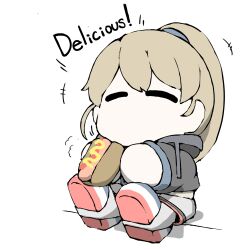 Rule 34 | 1girl, ^ ^, black jacket, blue footwear, brown hair, chibi, closed eyes, collared jacket, cropped jacket, dress, flight deck, food, grey dress, hair tie, hot dog, intrepid (kancolle), jacket, kantai collection, light brown hair, miniskirt, neck pillow, neckerchief, no mouth, open clothes, open jacket, ponytail, shirt, shoes, short hair, short sleeves, simple background, sitting, skirt, solo, task (s task80), white background, white neckerchief, white skirt