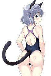 Rule 34 | 1girl, animal ears, ass, blush, cat ears, cat tail, competition swimsuit, green eyes, grey hair, kyogoku shin, looking at viewer, one-piece swimsuit, one-piece thong, sanya v. litvyak, short hair, simple background, solo, strike witches, swimsuit, tail, wedgie, white background, world witches series
