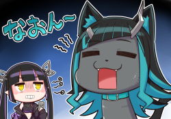 Rule 34 | 1girl, = =, animalization, black hair, black jacket, black shirt, blouse, blue hair, cat, clenched teeth, commentary request, crop top, demon girl, demon horns, fangs, heart, heart print, holding, holding phone, horns, ishimari, jacket, kojo anna, kojo anna (1st costume), long hair, long sleeves, multicolored hair, nanashi inc., off shoulder, open mouth, phone, pointy ears, print shirt, purple hair, see-through, see-through shirt, shaded face, shirt, shishio chris, sleeveless, sleeveless shirt, sugar lyric, teeth, twintails, two-tone hair, upper body, virtual youtuber, yellow eyes