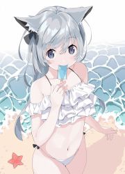 Rule 34 | 1girl, animal ear fluff, animal ears, beach, bikini, black bow, bow, closed mouth, commentary request, day, eating, food, grey eyes, hair between eyes, hair bow, highres, holding, holding food, long hair, looking at viewer, navel, original, outdoors, popsicle, sand, silver hair, smile, solo, standing, starfish, swimsuit, tantan men (dragon), very long hair, water, white bikini