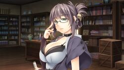 Rule 34 | 1girl, adjusting eyewear, atelier-moo, black collar, breasts, cleavage, closed mouth, collar, folded ponytail, glasses, green eyes, hair between eyes, hair ornament, hairclip, highres, holding, holding test tube, indoors, kanan yildis, large breasts, lipstick, long hair, looking down, makeup, narrow waist, puffy short sleeves, puffy sleeves, sad, short sleeves, solo, standing, test tube, upper body, wizards symphony