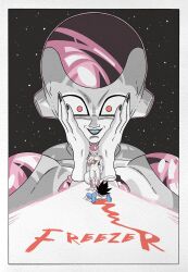 Rule 34 | alien, amor, black hair, blood, boots, dragon ball, dragonball z, frieza, highres, on floor, open mouth, pearl (movie), red eyes, science fiction, spiked hair, star (sky), teeth, vegeta, wesatinthecar, white footwear