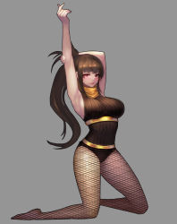 Rule 34 | 00s, 1girl, absurdres, arm up, armpits, arms up, bad id, bad pixiv id, breasts, brown eyes, brown hair, dungeon and fighter, fishnet pantyhose, fishnets, full body, grey background, highres, light smile, lips, long hair, looking at viewer, matching hair/eyes, medium breasts, pantyhose, ponytail, smile, solo, zlfnrk