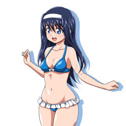 Rule 34 | 1girl, :d, bare shoulders, bikini, bikini skirt, blue eyes, blue hair, breasts, cleavage, curvy, futaba aoi (vividred operation), hairband, inferno (nanbu14), long hair, matching hair/eyes, navel, open mouth, simple background, smile, solo, standing, swimsuit, vividred operation, wide hips