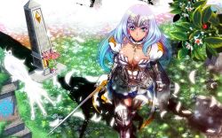 Rule 34 | 10s, 1girl, annelotte, annelotte (queen's blade), armor, armored dress, blue eyes, blue hair, breasts, choker, cleavage, collarbone, cross, gauntlets, highres, knight princess annelotte, matching hair/eyes, queen&#039;s blade, queen&#039;s blade rebellion, shield, solo, sword, tombstone, wallpaper, weapon