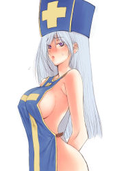 Rule 34 | 1girl, :&lt;, apron, blue hat, blue tabard, blush, breasts, chunsoft, dragon quest, dragon quest iii, enix, fuyube rion, hat, highres, large breasts, long hair, mitre, naked apron, naked tabard, priest (dq3), purple eyes, revealing clothes, sideboob, solo, tabard