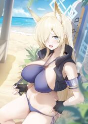 Rule 34 | 1girl, animal ear fluff, animal ears, beach, bikini, black gloves, black vest, blonde hair, blue archive, blue bikini, blue eyes, breasts, day, extra ears, gloves, hair over one eye, highres, kanna (blue archive), large breasts, long hair, looking at viewer, navel, ocean, open clothes, open mouth, open vest, outdoors, solo, swimsuit, vest, xiujia yihuizi