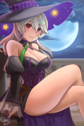 Rule 34 | 1girl, breasts, brooch, ciderwrath, cleavage, cloud, corrin (female) (fire emblem), corrin (fire emblem), crossed legs, detached sleeves, feet out of frame, fire emblem, fire emblem fates, fire emblem heroes, grey hair, hat, jewelry, long hair, looking at viewer, medium breasts, moon, nail polish, night, nintendo, official alternate costume, purple nails, sitting, smile, solo, star (symbol), thighs, witch, witch hat