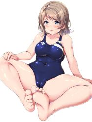 Rule 34 | 1girl, arena (company), blue eyes, blue one-piece swimsuit, breasts, brown hair, cameltoe, cleft of venus, competition swimsuit, covered navel, highres, looking at viewer, love live!, love live! sunshine!!, medium breasts, one-piece swimsuit, plump, shinonon (iso shino), short hair, simple background, sitting, soles, solo, swimsuit, thighs, watanabe you, white background