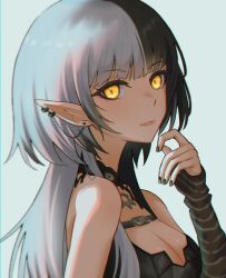Rule 34 | 1girl, bare shoulders, black nails, blue hair, breasts, ear piercing, earrings, fingerless gloves, gloves, hand up, highres, holoadvent, hololive, hololive english, jewelry, lips, long hair, looking at viewer, medium breasts, multicolored hair, piercing, pointy ears, shadow, shiori novella, shiori novella (1st costume), simple background, solo, split-color hair, sumosumo, upper body, virtual youtuber, yellow eyes