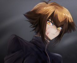 Rule 34 | 1boy, black jacket, blood, blood on face, brown hair, closed mouth, dark persona, frown, highres, jacket, looking at viewer, looking down, male focus, medium hair, multicolored hair, natsukusa (hacho129), solo, supreme king (yu-gi-oh! gx), turtleneck, two-tone hair, yellow eyes, yu-gi-oh!, yu-gi-oh! gx, yuki judai