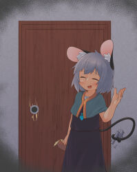 Rule 34 | 1girl, absurdres, animal ear fluff, animal ears, black dress, blue capelet, blush, capelet, closed eyes, commentary request, cowboy shot, door, door handle, dress, false smile, flat chest, greenpiecerice, grey hair, grey shirt, highres, holding, jewelry, layered clothes, masking tape, medium bangs, mouse ears, mouse girl, mouse tail, nazrin, open mouth, pendant, shirt, short hair, skirt, skirt set, smile, solo, tail, tape, touhou