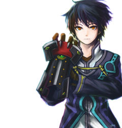 Rule 34 | 1boy, black hair, brown eyes, coat, derivative work, gauntlets, gloves, jude mathis, long sleeves, male focus, orange eyes, pictaron, serious, signature, solo, tales of (series), tales of xillia