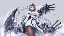 Rule 34 | 1girl, azur lane, belt, black belt, black gloves, black pantyhose, blue eyes, blue hair, blush, breasts, chain, chapayev (azur lane), closed mouth, gloves, hair ornament, hairclip, hat, highres, ice, jacket, large breasts, long sleeves, looking at viewer, machinery, military hat, mole, mole on breast, omgamilla, pantyhose, peaked cap, pleated skirt, short hair, skirt, smile, solo, turret, white hat, white jacket, white skirt