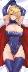 Rule 34 | 1girl, absurdres, armpits, arms up, artoria pendragon (fate), artoria pendragon (lancer) (fate), bare shoulders, blue gloves, blue leotard, blue thighhighs, blush, breasts, cleavage, cleavage cutout, cloak, clothing cutout, covered navel, cowboy shot, crown, fate/grand order, fate (series), fur-trimmed cloak, fur trim, gloves, gluteal fold, green eyes, groin, heattech leotard, highres, large breasts, leotard, looking at viewer, lying, on back, red cloak, rikiddo (tise 00), skin tight, solo, thigh gap, thighhighs, turtleneck, two-tone leotard