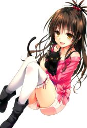 Rule 34 | 10s, 1girl, :d, bare shoulders, boots, brown eyes, brown hair, cat, collarbone, detexted, hair ornament, highres, looking at viewer, open mouth, scan, shorts, simple background, sitting, smile, solo, thighhighs, third-party edit, to love-ru, to love-ru darkness, white background, white thighhighs, yabuki kentarou, yuuki mikan
