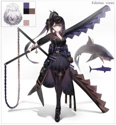 Rule 34 | 1girl, absurdres, black hair, black pantyhose, black shirt, black skirt, chain, color guide, earrings, fins, fish, fish tail, full body, helicoprion, highres, holding, holding sword, holding weapon, huge weapon, jewelry, long hair, original, pantyhose, ponytail, prehistoric animal, purple eyes, ribiadan, shark girl, shark tail, shirt, skirt, standing, sword, tail, thigh strap, very long hair, weapon