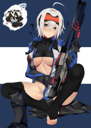 Rule 34 | 1girl, ?, ahoge, bba1985, black shirt, black thighhighs, blush, boots, bottomless, breasts, buckle, chibi, chibi inset, cropped jacket, full body, genderswap, genderswap (mtf), goggles, goggles on head, gun, hair between eyes, heart, highres, holding, holding gun, holding weapon, jacket, long sleeves, looking at viewer, mole, mole under eye, no shoes, object on head, open clothes, open jacket, overwatch, overwatch 1, panties, panties on head, panty mask, pout, reaper (overwatch), rifle, scar, shirt, short hair, sitting, soldier: 76 (overwatch), striped clothes, striped panties, thighhighs, toeless legwear, toes, underboob, undershirt, underwear, unworn boot, unworn boots, visor, weapon, white hair, yellow eyes