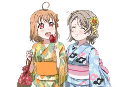 Rule 34 | 2girls, ahoge, bag, blue kimono, blush, brown hair, candy apple, closed eyes, closed mouth, cowboy shot, floral print, food, green kimono, hair ornament, hands up, heart, highres, holding, holding bag, holding food, japanese clothes, kimono, long sleeves, looking afar, love live!, love live! sunshine!!, mask, medium hair, multiple girls, obi, open mouth, orange hair, ponytail, print kimono, red eyes, rippe, sash, simple background, smile, takami chika, teeth, twitter username, upper teeth only, watanabe you, white background, wide sleeves, yukata