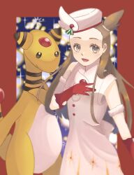 Rule 34 | 1girl, :d, ampharos, blurry, brown hair, commentary request, creatures (company), dress, eyelashes, game freak, gen 2 pokemon, gloves, grey eyes, hand up, hat, highres, jasmine (holiday 2022) (pokemon), jasmine (pokemon), long hair, looking at viewer, nintendo, official alternate costume, one side up, open mouth, pokemon, pokemon (creature), pokemon masters ex, red gloves, ryusa (gjgd7445), smile, white dress, white headwear