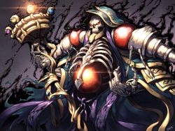 Rule 34 | 1boy, 1girl, ainz ooal gown, commentary request, gem, glowing, glowing eyes, highres, holding, holding staff, hood, hood up, jewelry, male focus, overlord (maruyama), red eyes, ring, skeleton, skull, solo, staff, totocos7