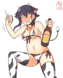 Rule 34 | 1girl, alcohol, animal ears, animal print, artist logo, asymmetrical hair, bell, bikini, black hair, blush, bottle, breasts, cameltoe, cleft of venus, commentary request, covered erect nipples, cow ears, cow horns, cow print, cow tail, cowbell, cowboy shot, dated, drink, drooling, drunk, closed eyes, fake animal ears, fake horns, front-tie top, hair between eyes, horns, i-14 (kancolle), kanon (kurogane knights), kantai collection, medium breasts, micro bikini, nose blush, one-hour drawing challenge, saliva, short hair, side-tie bikini bottom, simple background, smile, solo, swimsuit, tail, thighhighs, white background, white bikini, white thighhighs