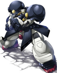 Rule 34 | absurdres, bolt gundam, clenched hands, g gundam, green eyes, ground shatter, gundam, haganef, head tilt, highres, looking at viewer, mecha, no humans, robot, science fiction, solo, standing, v-fin, white background