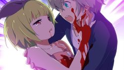 Rule 34 | 1boy, 1girl, bleeding, blood, blood from mouth, blood on face, blood on clothes, blood on hands, blue eyes, blue shirt, conception 2, dress, ellie (conception 2), empty eyes, green hair, grey hair, hair ribbon, hand on another&#039;s face, main character (conception 2), open mouth, pink dress, protagonist (conception 2), red eyes, ribbon, screencap, shirt, spoilers, tears