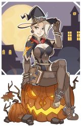 Rule 34 | 1girl, blonde hair, bodysuit, boots, bracelet, breasts, cape, cleavage, earrings, food-themed earrings, grey eyes, halloween, hat, highres, jack-o&#039;-lantern, jack-o&#039;-lantern earrings, jewelry, mercy (overwatch), moon, night, official alternate costume, overwatch, overwatch 1, pumpkin, solo, splashbrush, tower, witch, witch hat, witch mercy