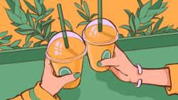 Rule 34 | bracelet, cup, drinking straw, green nails, jewelry, leaf, long sleeves, minillustration, nail polish, original, plant, shadow, yellow background