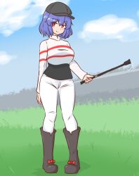 Rule 34 | 1girl, alternate costume, black footwear, black hat, breasts, closed mouth, commentary request, commission, flat cap, hat, highres, jockey, large breasts, looking at viewer, mizusoba, nagae iku, outdoors, purple hair, red eyes, short hair, skeb commission, smile, solo, touhou
