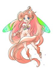 Rule 34 | 1girl, :d, anzuni (marblefrog), barefoot, blue eyes, breath of fire, breath of fire iii, fairy, fairy (breath of fire), flower, full body, head wings, highres, long hair, looking at viewer, nude, open mouth, simple background, smile, solo, white background, wings