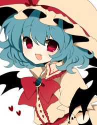 Rule 34 | 1girl, bad id, bad pixiv id, bat wings, blue hair, bow, bowtie, elbow gloves, fang, female focus, gloves, haru (kyou), hat, red eyes, remilia scarlet, short hair, solo, touhou, upper body, wings