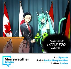 1boy 1girl alien animal_ears antennae artist_name black_hair canadian_flag cat_ears cat_tail clapping colored_skin commentary credits detached_sleeves english_commentary flag_request formal_clothes german_flag glorpi_miku_(dyarikku) green_skin handshake hatsune_miku highres japanese_flag merryweather podium smile speech_bubble standing suit tail thought_bubble twintails vocaloid