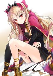 Rule 34 | 1girl, absurdres, asymmetrical legwear, black dress, black nails, black thighhighs, blonde hair, blush, bow, breasts, cape, closed mouth, commentary request, dress, dutch angle, ereshkigal (fate), fate/grand order, fate (series), fingernails, hair between eyes, hair bow, highres, long hair, long sleeves, looking at viewer, nail polish, pink nails, red bow, red cape, red eyes, simple background, single sleeve, single thighhigh, sitting, skull, small breasts, solo, spine, thighhighs, tiara, tomozero, two side up, uneven legwear, very long hair, white background