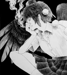 Rule 34 | 1girl, absurdres, black background, cigarette, closed mouth, collared shirt, commentary request, covering own mouth, elbow on knee, feather hair, feathered wings, feet out of frame, greyscale, hand over own mouth, hat, highres, holding, holding cigarette, monochrome, partially unbuttoned, pointy ears, pom pom (clothes), profile, shameimaru aya, shirt, short hair, short sleeves, skirt, smile, smoke, smoking, socks, solo, tokin hat, touhou, white shirt, whoru, wing collar, wings